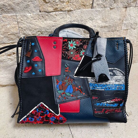 Coach 1941 Rogue 30 Embellished Patchwork Whipstitch Mixed Leather Bag Red Multi - Picture 4 of 12